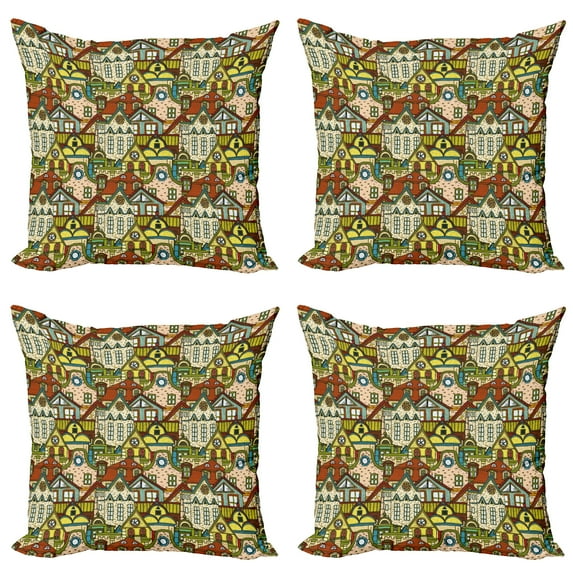 Ambesonne Retro Throw Pillow Cover 4 Pack, Old City Colorful Town, 16", Multicolor