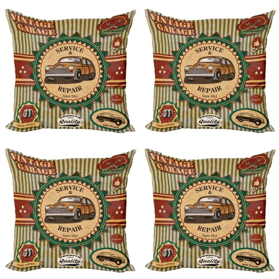 Ambesonne Retro Throw Pillow Cover 4 Pack, Old Sixties Car Pop Art, 16", Green Red Cream