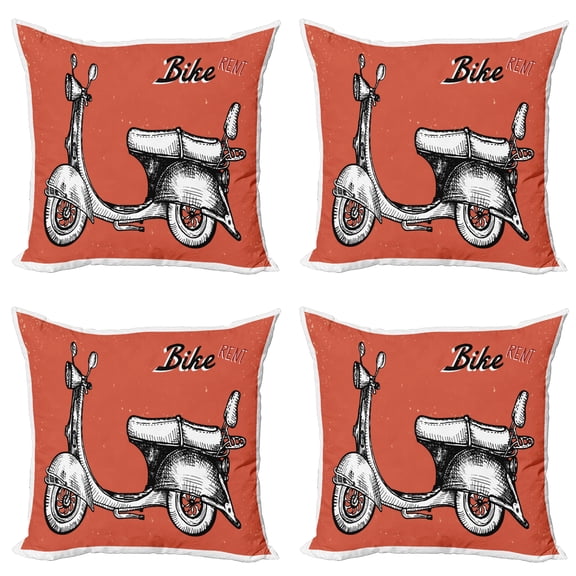 Ambesonne Retro Throw Pillow Cover 4 Pack, Scooter Bicycle Sign, 20", Red Black White