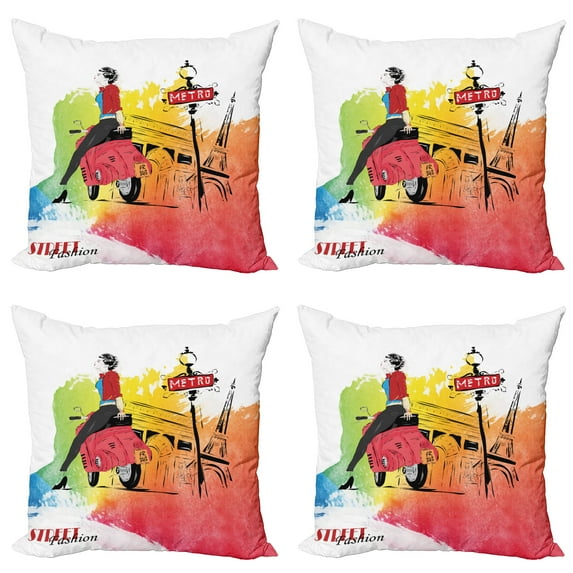 Ambesonne Retro Throw Pillow Cover 4 Pack, Tower Street Fashion, 16", Orange and Red