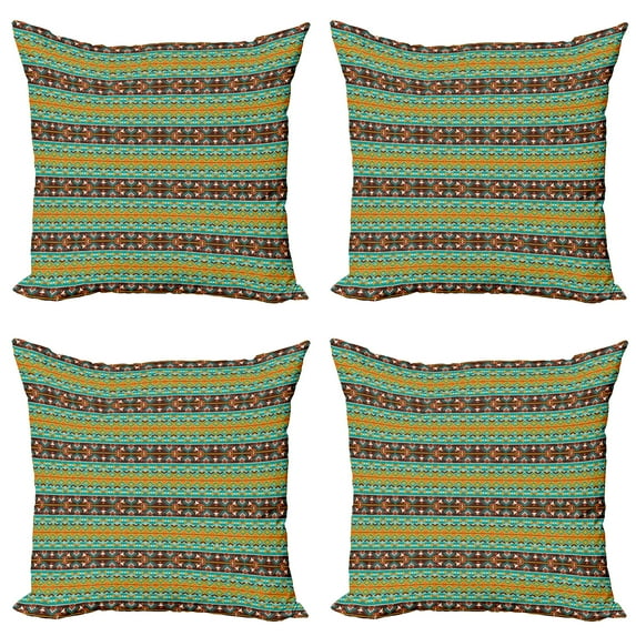 Ambesonne Retro Throw Pillow Cover 4 Pack, Tribal Art Pattern, 24", Brown Marigold Turquoise