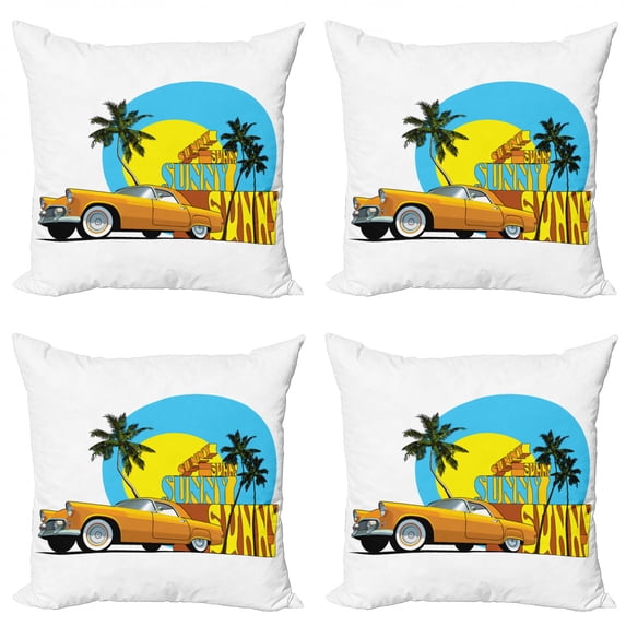 Ambesonne Retro Throw Pillow Cover 4 Pack, Vintage Car in City Miami, 20", Orange Yellow and Blue