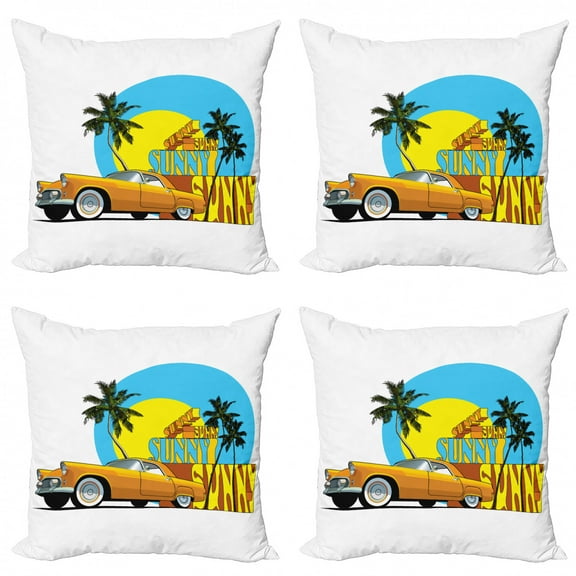 Ambesonne Retro Throw Pillow Cover 4 Pack, Vintage Car in City Miami, 24", Orange Yellow and Blue