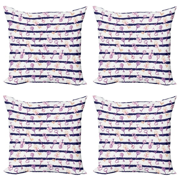 Ambesonne Retro Throw Pillow Cover 4 Pack, Vintage Keys and Ribbon, 16", Purple Blue
