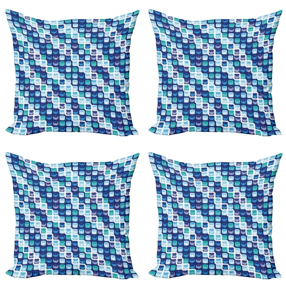 Ambesonne Retro Throw Pillow Cover 4 Pack, Vintage Mosaics Squares, 24", Pale Blue Dark Blue