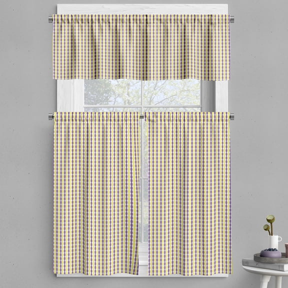 Ambesonne Retro Valance & Curtain, Bicolour Vertical Bead Motif, 55"x30", Yellow Violet and White