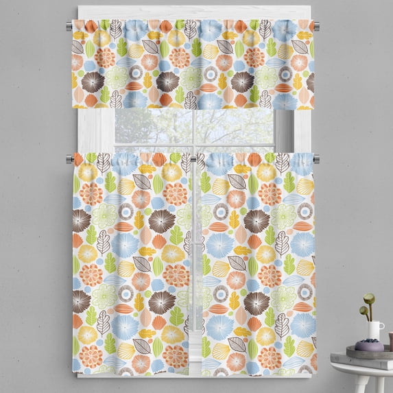 Ambesonne Retro Valance & Curtain, Flowers Leaves Circles Plot, 55"x30", White Multicolor
