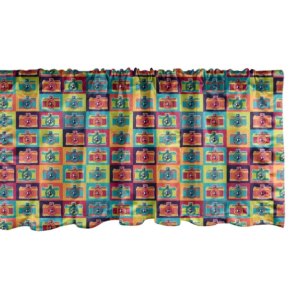 Ambesonne Retro Valance Pack of 2, Colorful Cameras in Squares, 42"X18", Multicolor