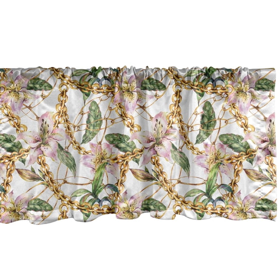 Ambesonne Retro Valance Pack of 2, Lily Flowers Chain Look Print, 54"X12", Blush Mustard Fern Green