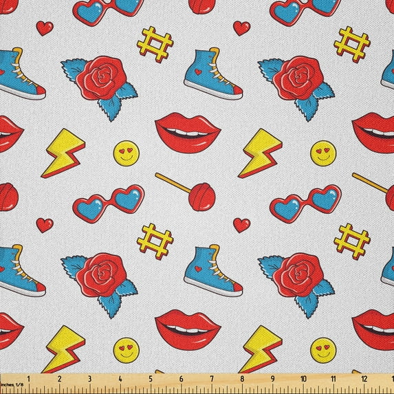 Ambesonne Retro Wave Fabric by the Yard Microfiber, Hipster Pop Art Comics, 5 Yards, Yellow Red and Blue