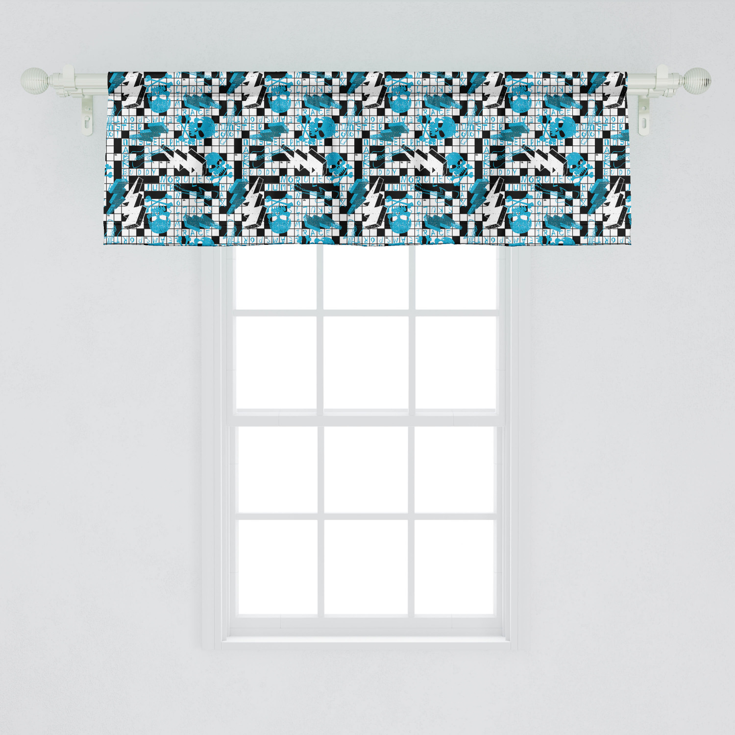 Ambesonne Retro Window Valance, Crossword Puzzle Theme with Skulls Thunder Bolts Grunge Style