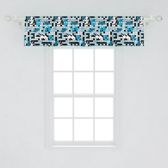 Ambesonne Retro Window Valance, Crossword Puzzle Theme with Skulls Thunder Bolts Grunge Style Illustration, Curtain Valance for Kitchen Bedroom Decor with Rod Pocket, 54" X 12", Blue Black and White