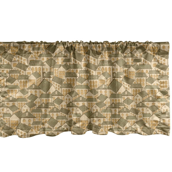 Ambesonne Retro Window Valance, Village Town Houses Roofs, 54" X 18", Reseda Green Sand Brown
