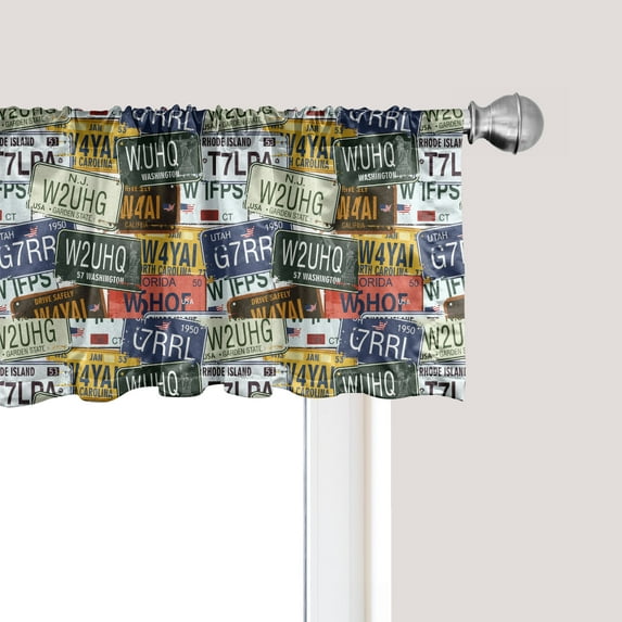Ambesonne Retro Window Valance, Vintage Travel Plate, 42" x 18", Green Blue Yellow