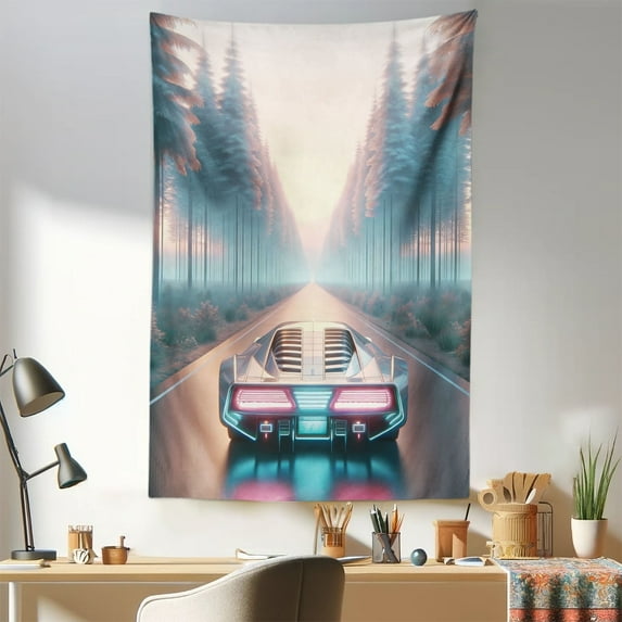 Ambesonne Retrowave Wall Hanging Tapestry, Pastel Woods Sci-Fi Car, 30"x45", Blue Pale Rose and Pearl
