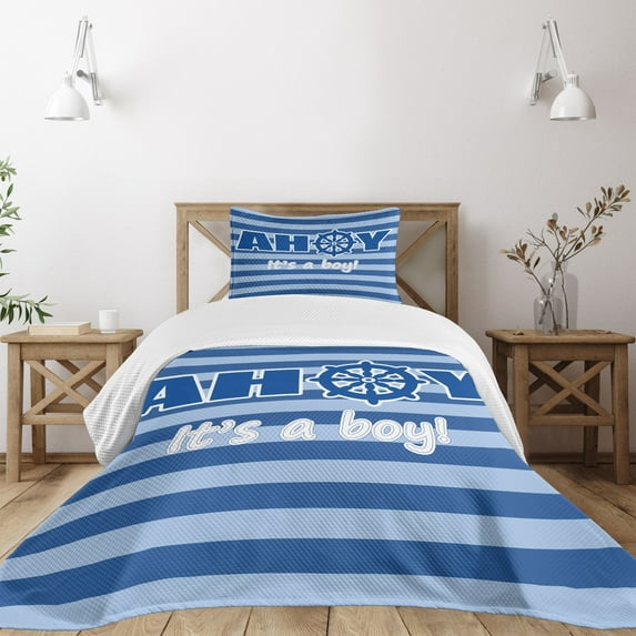 Ambesonne Reveal Party Quilted Bedspread Set 2 Pcs, Marine Stripes Modern, Twin Size, Pale Blue White and Blue