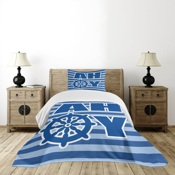 Ambesonne Reveal Party Quilted Bedspread Set 2 Pcs, Nautical Wheel Ahoy, Twin Size, Pale Blue White Blue