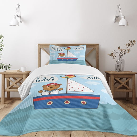 Ambesonne Reveal Party Quilted Bedspread Set 2 Pcs, Sailor Bear and Bird, Twin Size, Multicolor