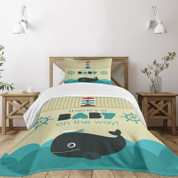 Ambesonne Reveal Party Quilted Bedspread Set 2 Pcs, Whale Ahoy Message, Twin Size, Dark Blue Khaki Teal