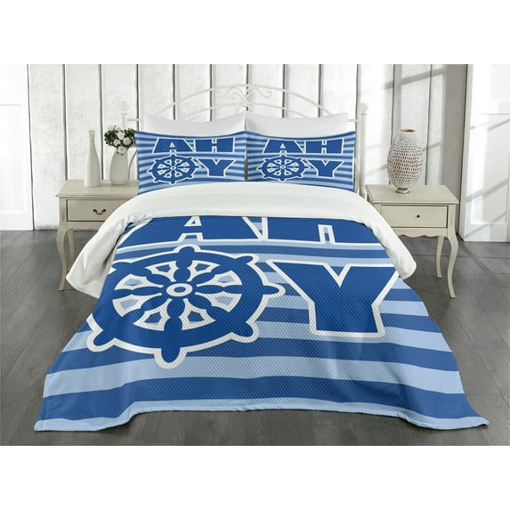 Ambesonne Reveal Party Quilted Bedspread Set 3 Pcs, Nautical Wheel Ahoy, King Size, Pale Blue White Blue
