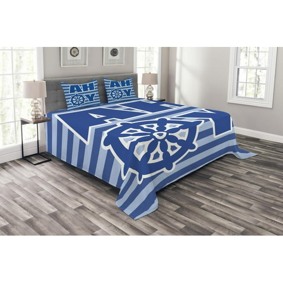 Ambesonne Reveal Party Quilted Bedspread Set 3 Pcs, Nautical Wheel Ahoy, Queen Size, Pale Blue White Blue