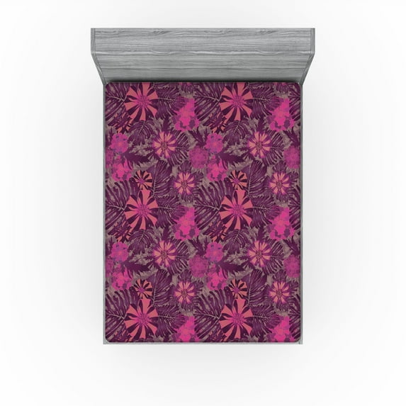 Ambesonne Ribbon Flowers Fitted Sheet, Art Purplish Floral, King Size, Magenta Dried Rose Coral