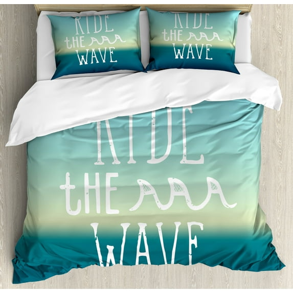Ambesonne Ride the Wave Duvet Cover Set, Ocean Graphic Art, 2-Calking, Mint Green Petrol Blue