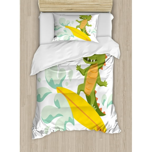 Ambesonne Ride the Wave Duvet Cover Sets, Crocodile, 2-Twin, Olive Green Mint Yellow