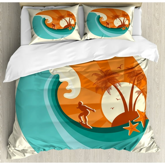 Ambesonne Ride the Wave Duvet Cover Sets, Retro Man Surfing, 2-King, Orange Cream and Teal