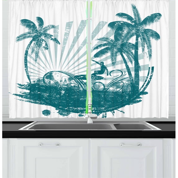 Ambesonne Ride the Wave Kitchen Curtains, Grunge Tropical, 55"x45", Teal White