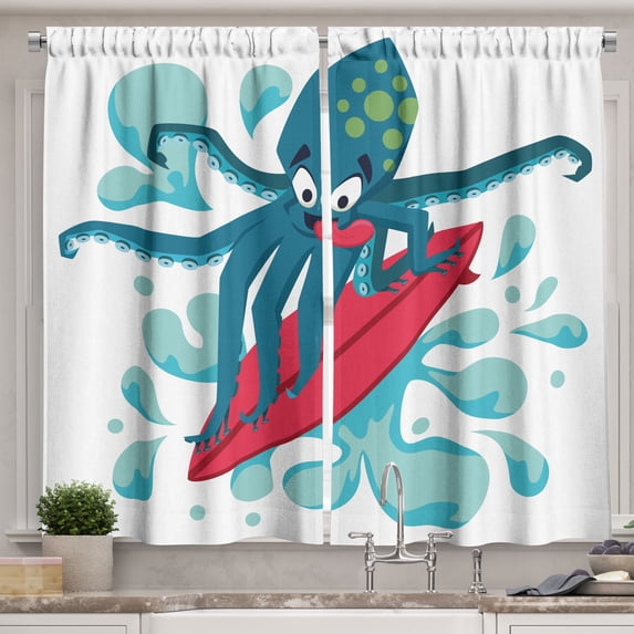 Ambesonne Ride the Wave Kitchen Curtains, Surfer Octopus, 55"x39", Petrol Blue Turquoise