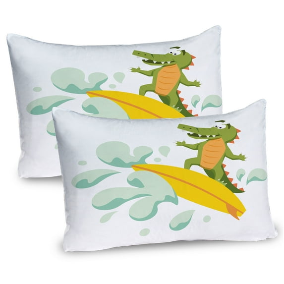 Ambesonne Ride the Wave Pillow Sham 2 Pack, Crocodile, 26"x20", Olive Green Mint Yellow