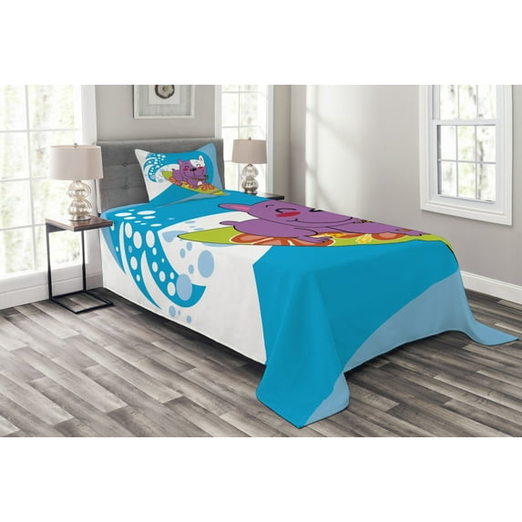 Ambesonne Ride the Wave Quilted Bedspread Set 2 Pcs, Cartoon Bulldog, Twin Size, Multicolor