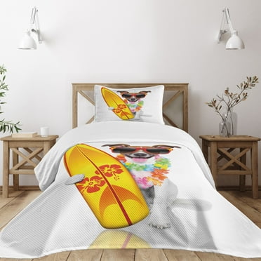 Ambesonne Ride the Wave Quilted Bedspread Set 2 Pcs, Surf Dog Glasses, Twin Size, Multicolor