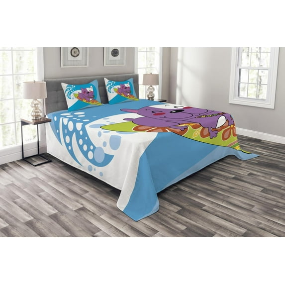 Ambesonne Ride the Wave Quilted Bedspread Set 3 Pcs, Cartoon Bulldog, Queen Size, Multicolor