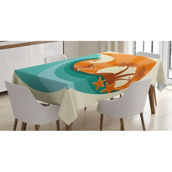 Ambesonne Ride the Wave Tablecloth Rectangular Table Cover, Retro Man Surfing, 60"x84", Orange Cream and Teal