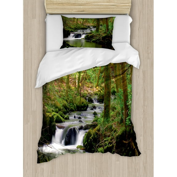Ambesonne River Duvet Cover Set, Forest over Mossy Rocks, Twin, Apple Green Umber