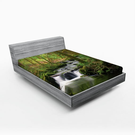 Ambesonne River Fitted Sheet, Forest over Mossy Rocks, King Size, Apple Green Umber