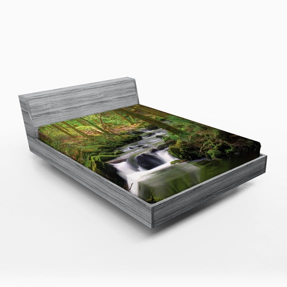 Ambesonne River Fitted Sheet, Forest over Mossy Rocks, Queen Size, Apple Green Umber