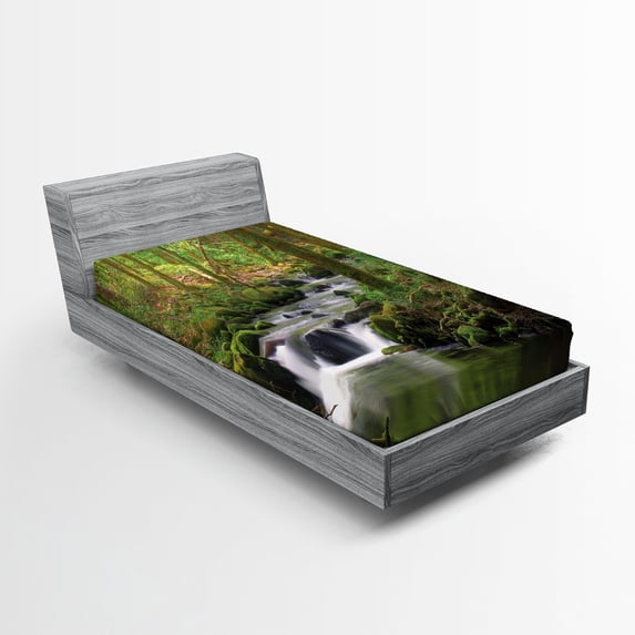 Ambesonne River Fitted Sheet, Forest over Mossy Rocks, Twin Size, Apple Green Umber