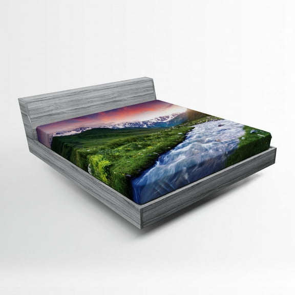 Ambesonne River Fitted Sheet, Georgia Caucasus Hills, Full Size, Fern Green Pale Blue