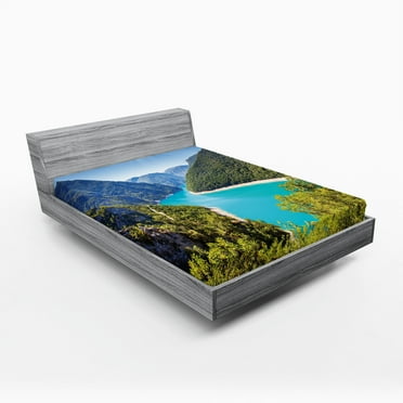Ambesonne River Fitted Sheet, Piva Canyon Montenegro, Queen Size, Forest Green Sky Blue