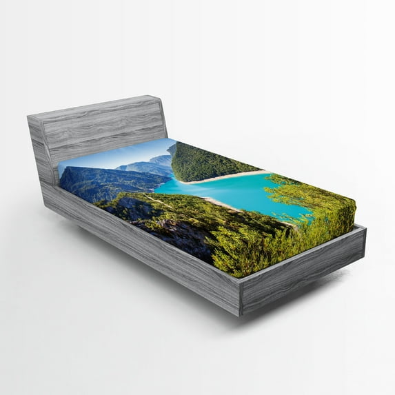 Ambesonne River Fitted Sheet, Piva Canyon Montenegro, Twin XL Size, Forest Green Sky Blue