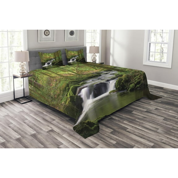 Ambesonne River Quilted Bedspread Set 3 Pcs, Forest over Mossy Rocks, Queen Size, Apple Green Umber