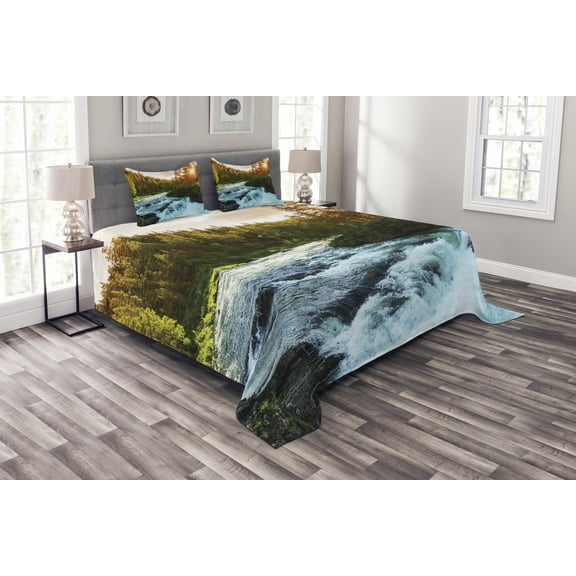 Ambesonne River Quilted Bedspread Set 3 Pcs, Sunrise Springtime Pines, Queen Size, Apple Green Pale Blue