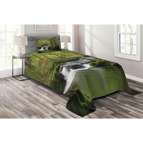 Ambesonne River Quilted Coverlet 2 Pcs, Forest over Mossy Rocks, Twin Size, Apple Green Umber