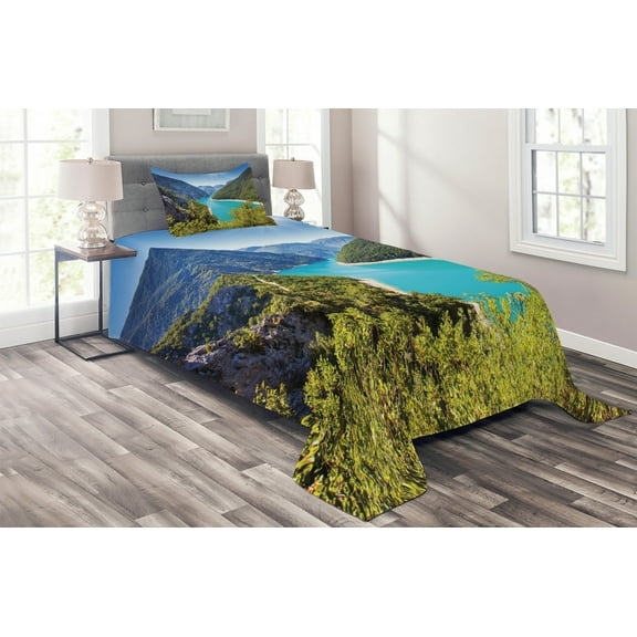 Ambesonne River Quilted Coverlet 2 Pcs, Piva Canyon Montenegro, Twin Size, Forest Green Sky Blue