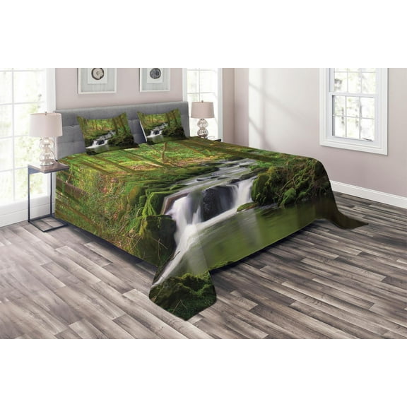 Ambesonne River Quilted Coverlet 3 Pcs, Forest over Mossy Rocks, Queen Size, Apple Green Umber