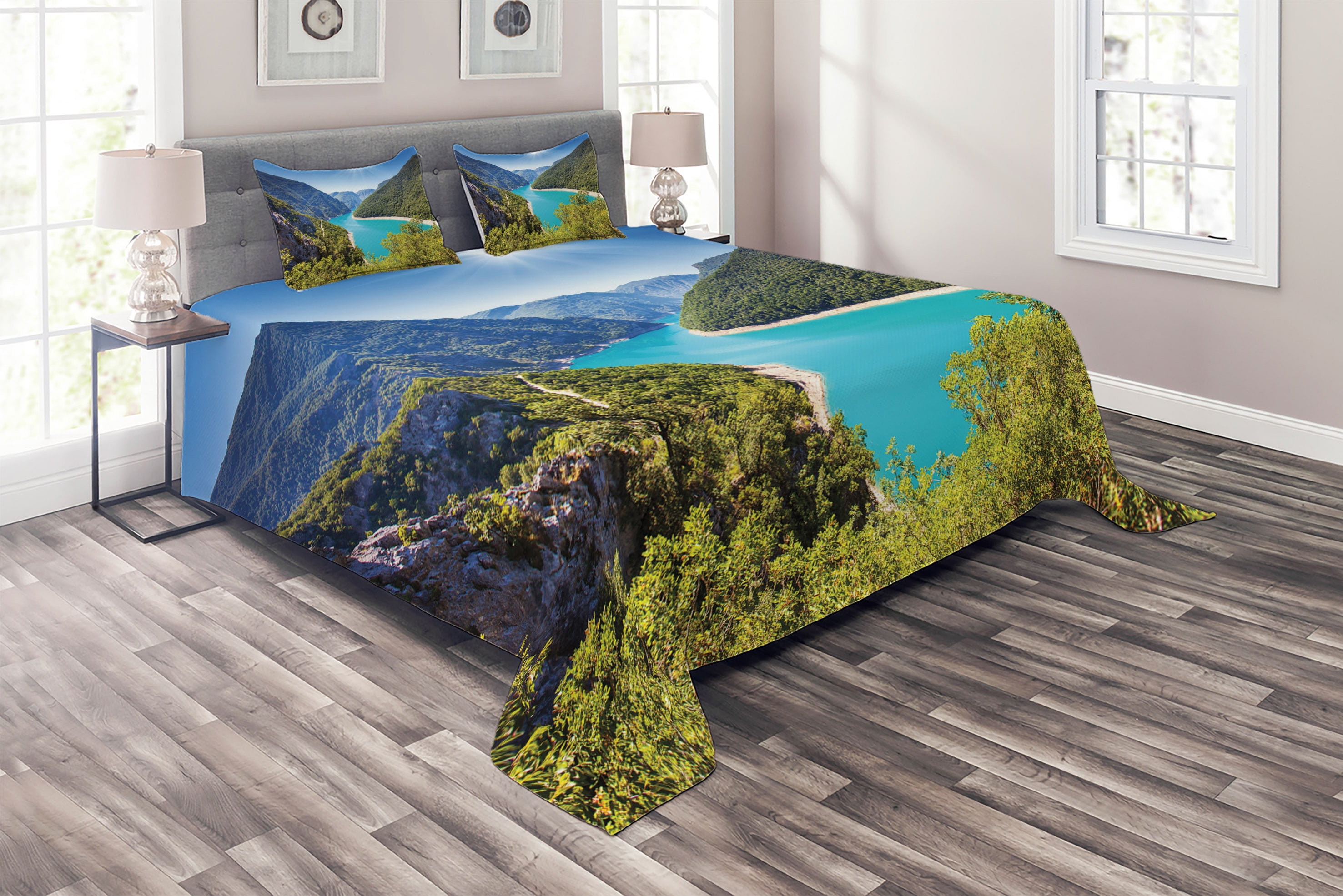 King Size Forest Green and Sky Blue Quilted Bedspread Set