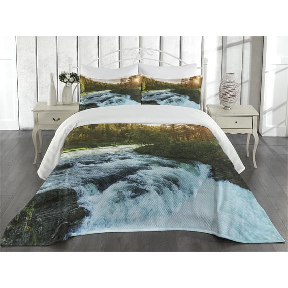 Ambesonne River Quilted Coverlet 3 Pcs, Sunrise Springtime Pines, Queen Size, Apple Green Pale Blue